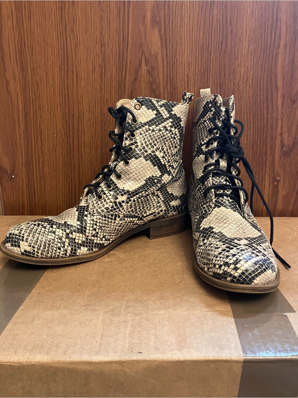 Mata Aurora Lace Up Combat Boots in Snakeskin print